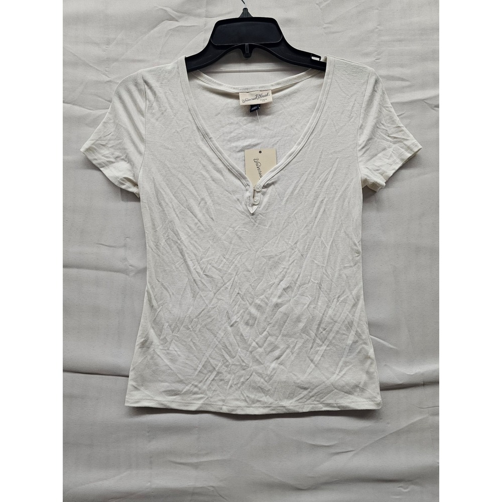 Universal Thread Womens Cream Henley Short Sleeve V-Neck‎ T-Shirt XS